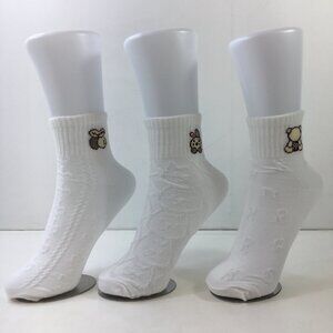 Womens Crew Socks Set 3 Embroidered Berries Bunny Bear Textured Floral White